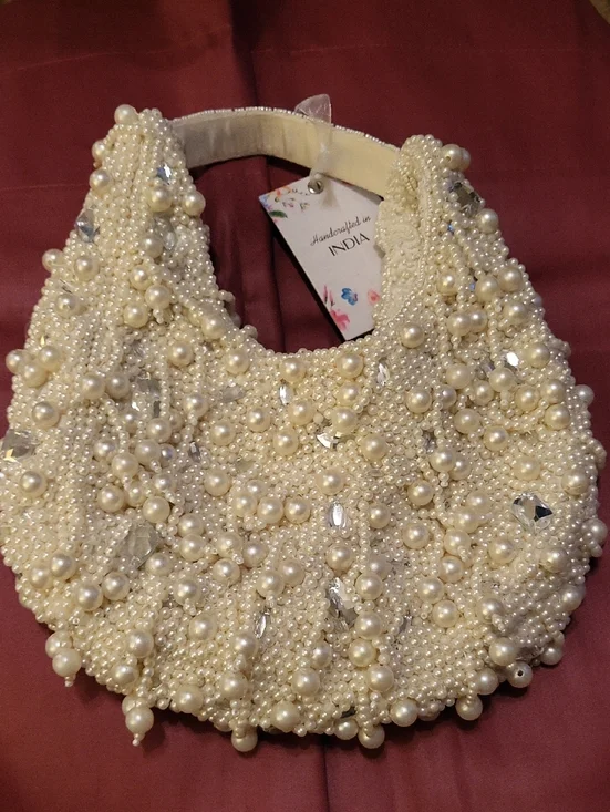 Handcrafted In India Pearl Gem Embellished Cream Evening Bag - Picture 1 of 4
